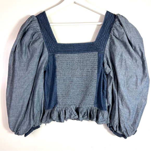 Anthropolgie Love The Label Blue Denim Puff Sleeve Top Size Small - Picture 4 of 9